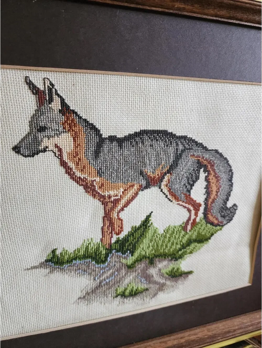 Vintage 1980s Preworked Cross Stitch Grey Wolf Framed